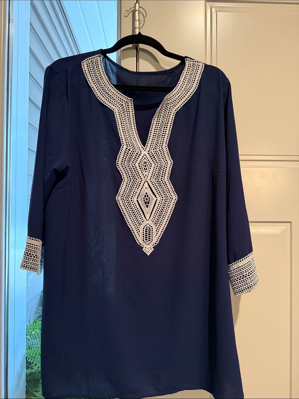 Navy Blue Tunic Top with White Crochet Trim